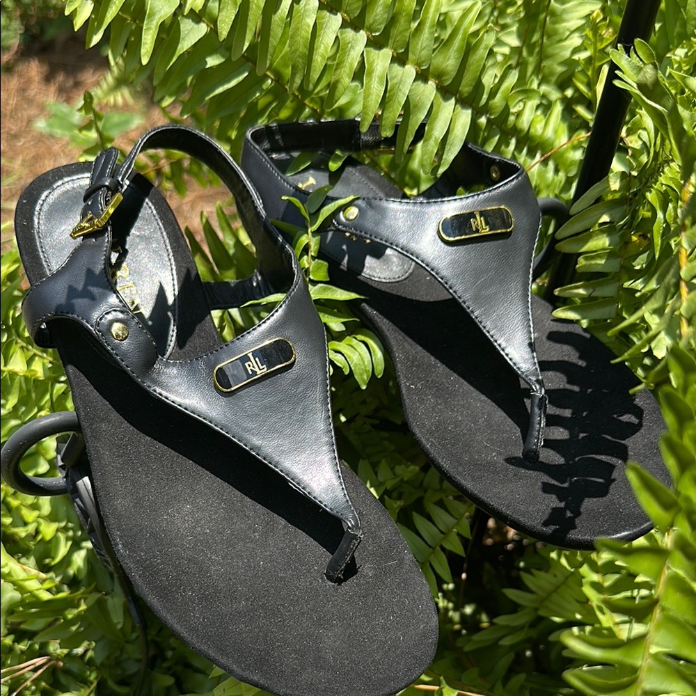 LAUREN RALPH LAUREN Women's Black Logo KACY Black with Gold accents Sandals 8.5